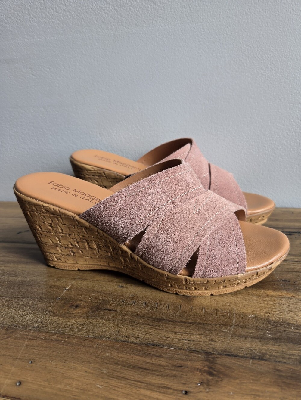 Fabio Maggenti Mauve Suede Wedge Sandals Leather Made In Italy